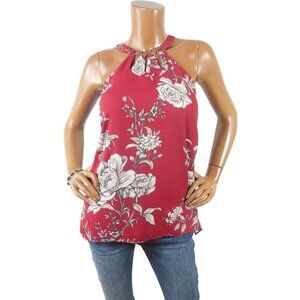 WHITE HOUSE BLACK MARKET Top L/14 Red Floral Halter Metal O-Ring Detail Lined